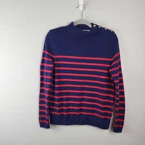 Lands' End Sz M P 10-12 women cashmere sweater Red Navy stripes Golden buttons